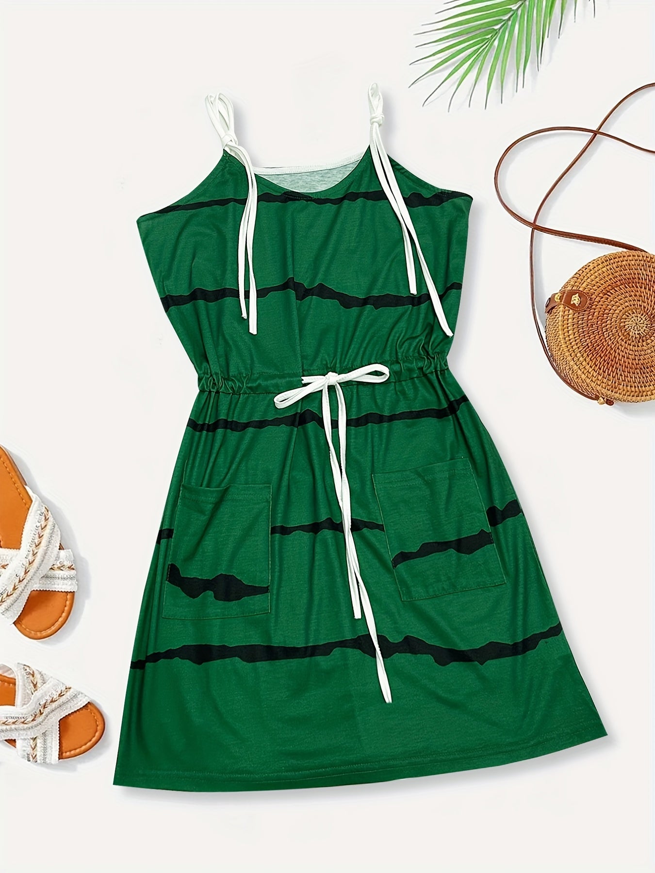 Flattering Color Block Cami Dress - Adjustable Drawstring Waist, Sleeveless for Summer & Spring - Fashionable Womens Day-to-Night Wear