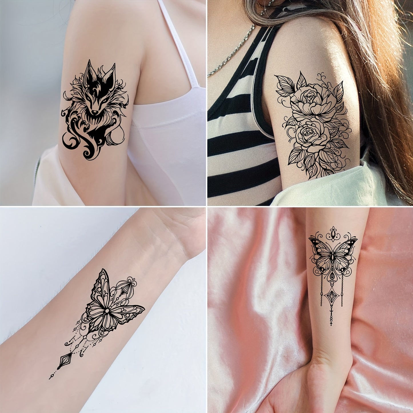 30 Temporary Tattoo Stickers, Black Butterfly Feather Wind Chime Wings Planet Spider Guitar Flower Heart Pattern Tattoo Stickers, Body Wrist Collarbone Art Waterproof Fake Tattoo Stickers Suitable for Women, Temporary Tattoo