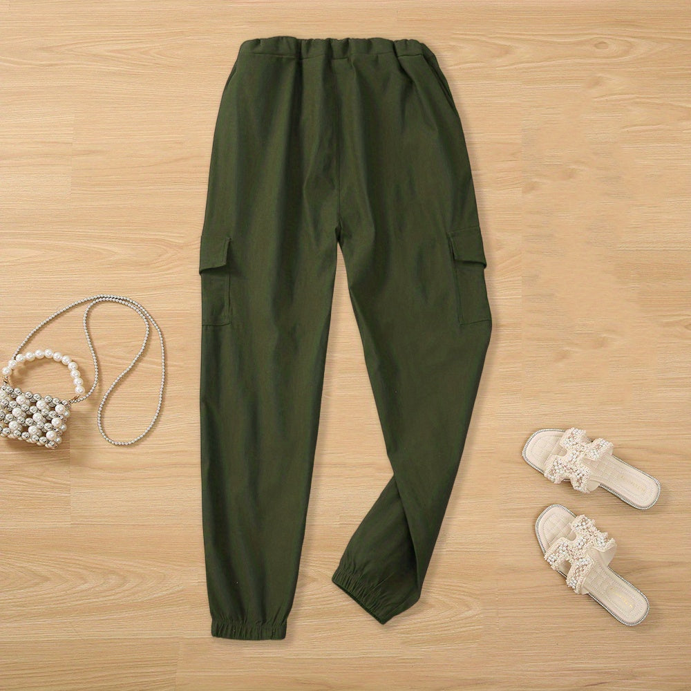 Y2K Chic Drawstring Cargo Pants - Stretchy Elastic Waist, Long Length, Multiple Pockets, Casual Comfortable Women's Clothing for Everyday Wear
