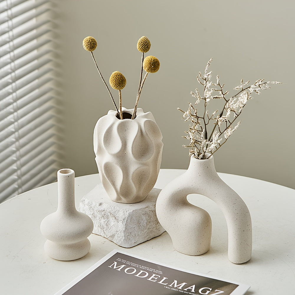 3pcs Boho Ceramic Vase Set - Modern Nordic Minimalist Round & Donut Shaped, Geometric Pattern, Ideal for Trendy Home Decor, Living Room, Entryway, Coffee Table - No Battery Required, Decorative Gift
