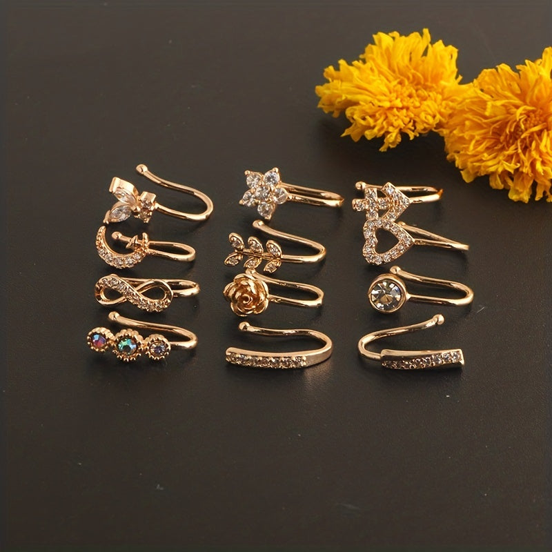 12pcs Elegant Vintage Copper Faux Nose Cuff Set, Non-Piercing Synthetic Zirconia Inlay, Star, Flower, Leaf, Heart Shapes, Clip-On Nose Rings for Women, Daily & Vacation Wear, Valentine'S Day Gift, All Seasons Compatible