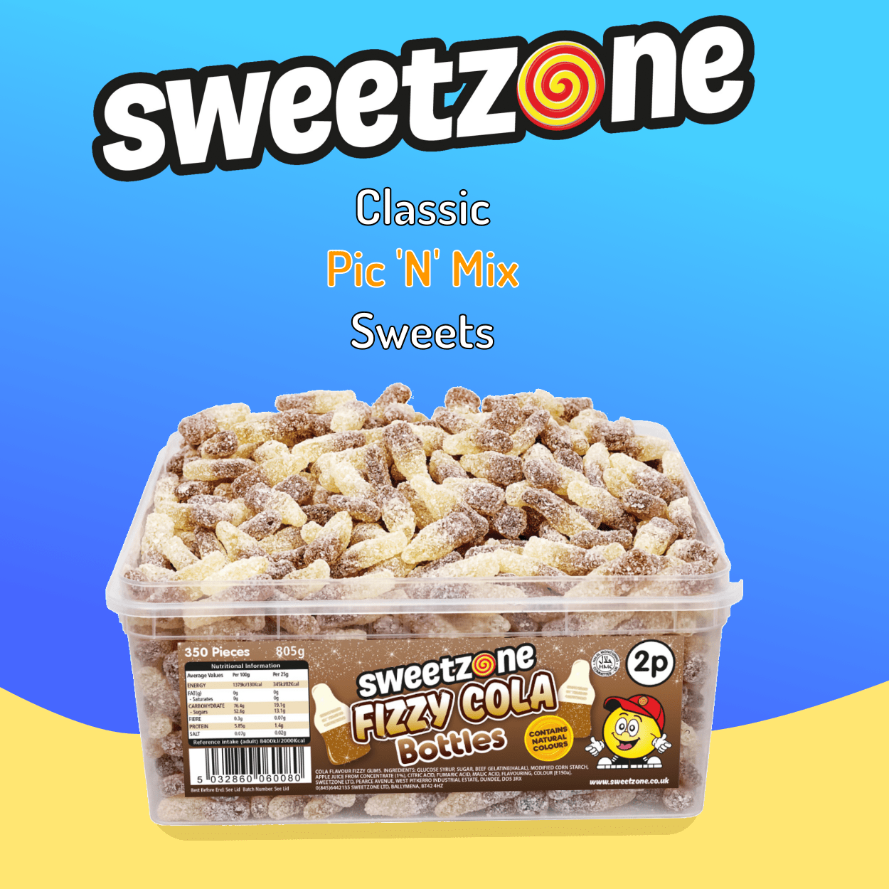 Sweetzone Fizzy Cola Bottle - 805G Tub - 350pcs - Pic N Mix Style Sweets