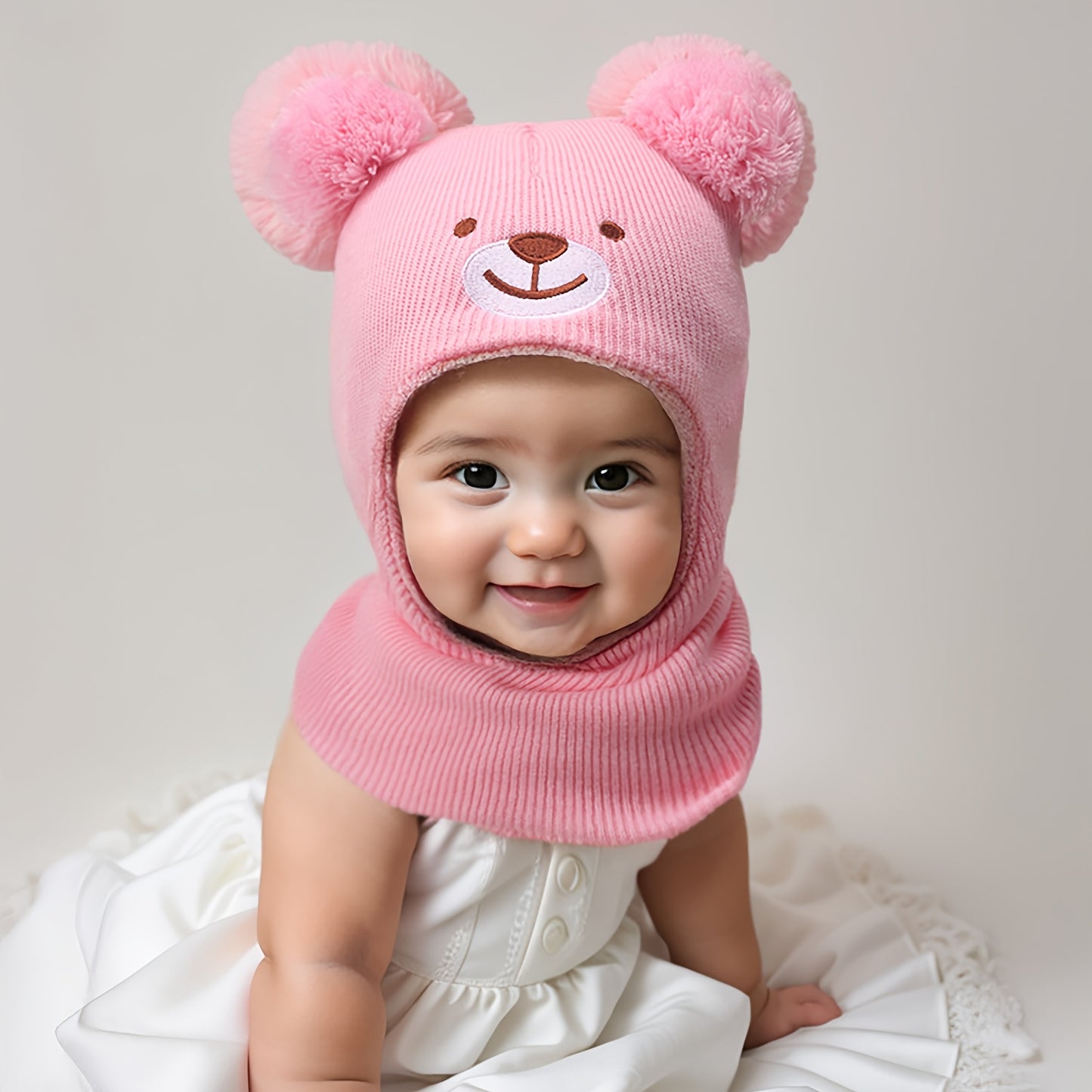 1pc 0-8 Years Baby Bear Ear Balaclava Mask & Beanie Hat - Cute White Winter Ski Mask with Ears, Soft Knit-like Texture for Boys & Girls, Warm Toddler Accessory (Brown/Pink/Black) - Hand Washable Kids Clothing