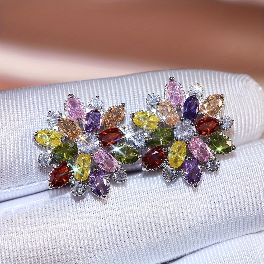 Luxurious Flower Earrings - A Pair With Shiny Synthetic Zirconia Inlaid - Suitable For Ladies' Wedding Parties, Jewelry, And Valentine's Day Gifts