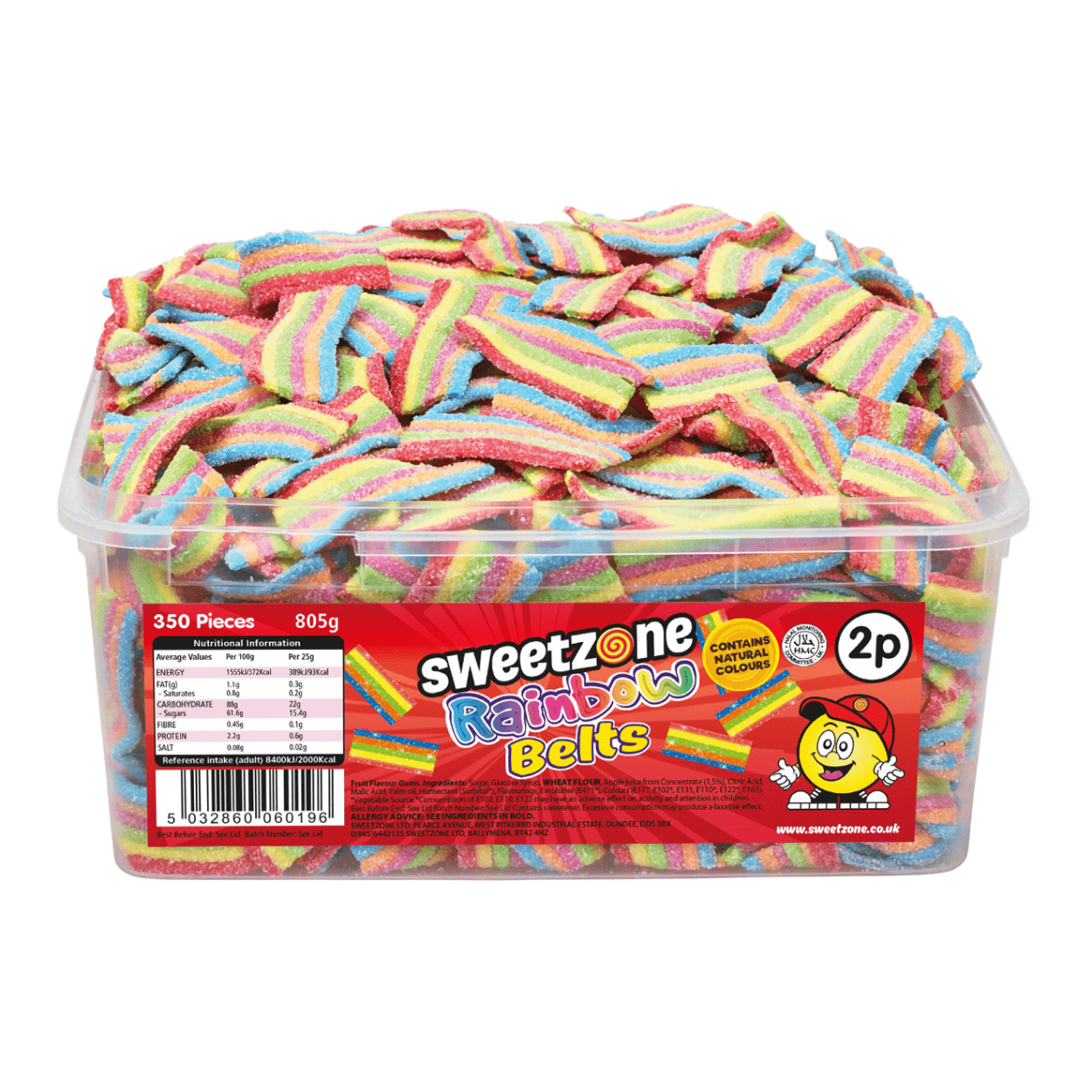 Sweetzone Rainbow Belts- 805G Tub - 350pcs - Pic N Mix Style Sweets