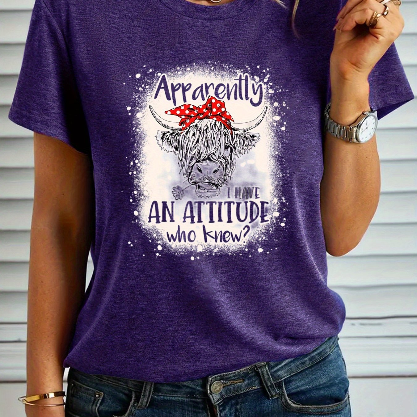 Women's Fashion T-shirt, "Apparently I Have An Attitude Who Knew" Highland Cow Pattern Casual Short Sleeve Top