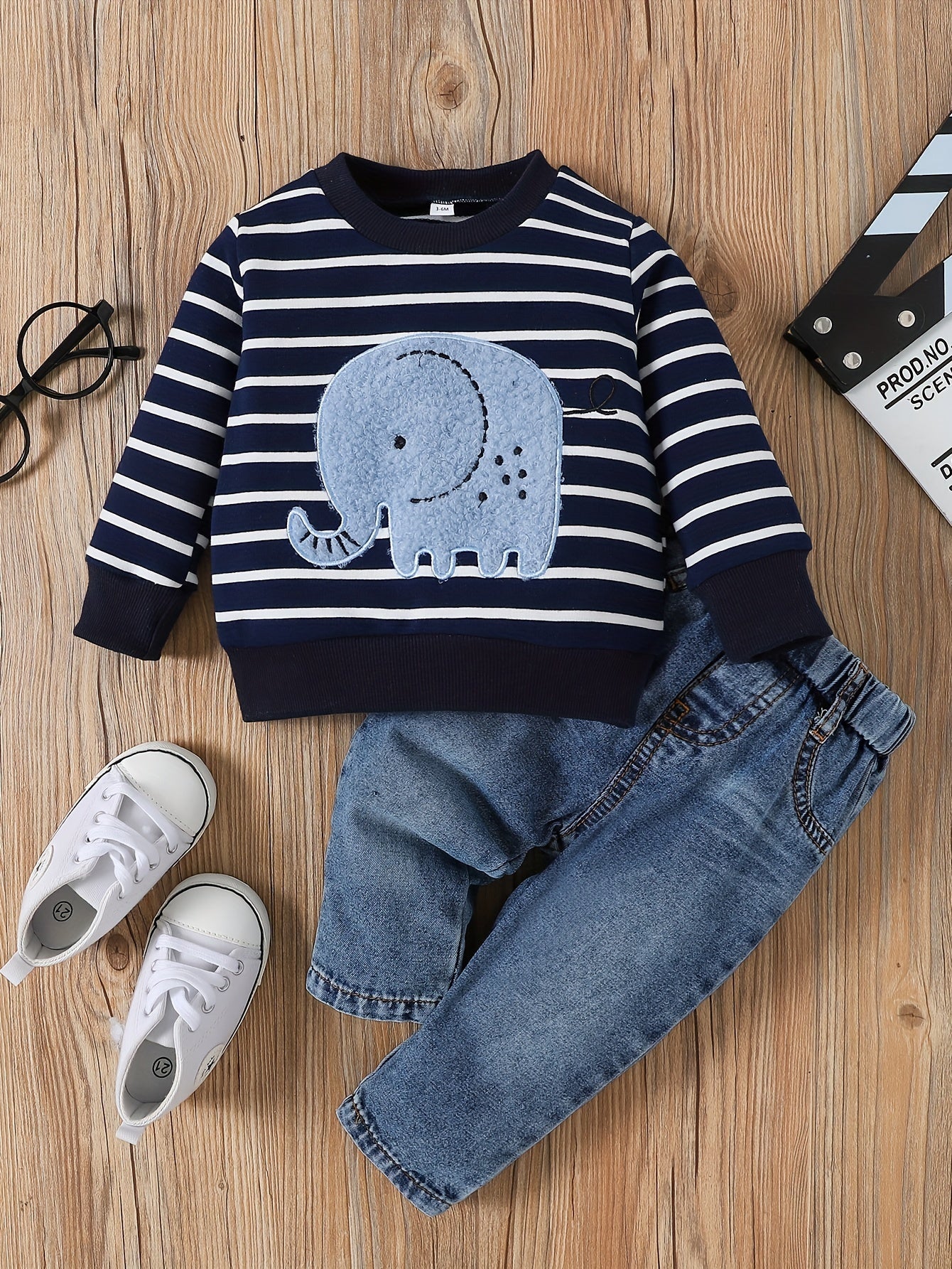 2pcs Infant Baby Boy Cute Striped Elephant Pattern Long Sleeve Top & Denim Trousers Outdoor Set For Spring And Autumn