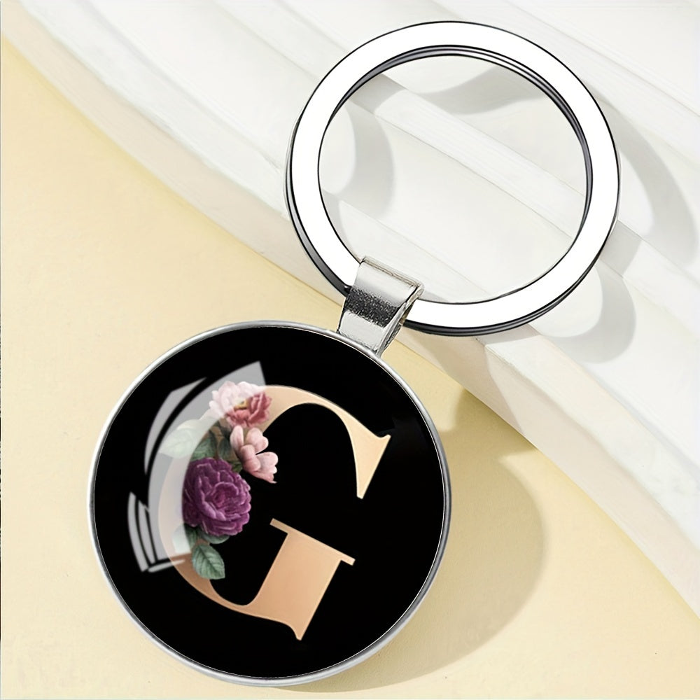 1pc Elegant Floral Alphabet Glass Keychain, Round Character-Themed Alloy Keyring, Romantic Collegiate Style Accessory, Ideal for Birthday, Anniversary, Graduation, Bridal Shower Gifts, and Festive Occasions - Christmas, Hallo