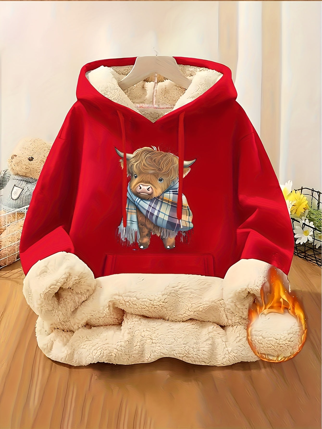 Women's Highland Cow Print Fleece Hooded Sweater - Thickened Winter Warmth, Cozy Plush Lining, Casual Retro Pullover with Pocket, Pink Scottish Cow Design, Sizes XS-XXL (Machine Washable) for Spring, Fall & Winter Layering