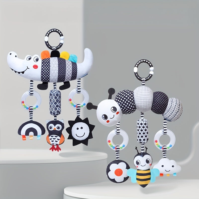 [Soft Animal Plush Toys] Soft Black and White Animal Wind Chime Plush Toys | for Baby Car Seat & Stroller, Hanging Rattle Toys | Ideal Christmas Gift for Infants 0-3 Years Old, Chinese Mainland Origin