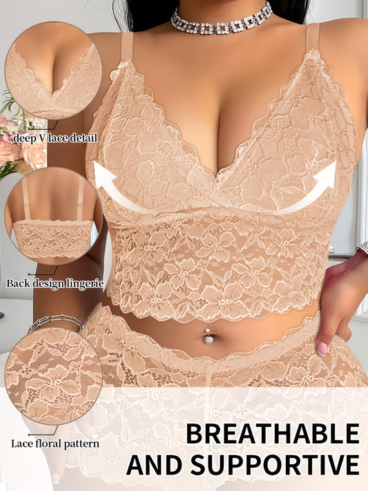 Ladies' Plus-size Wire-free Bra with Straps, Comfortable, Breathable, Seamless, Elegant, Romantic, Fashionable Lace Design