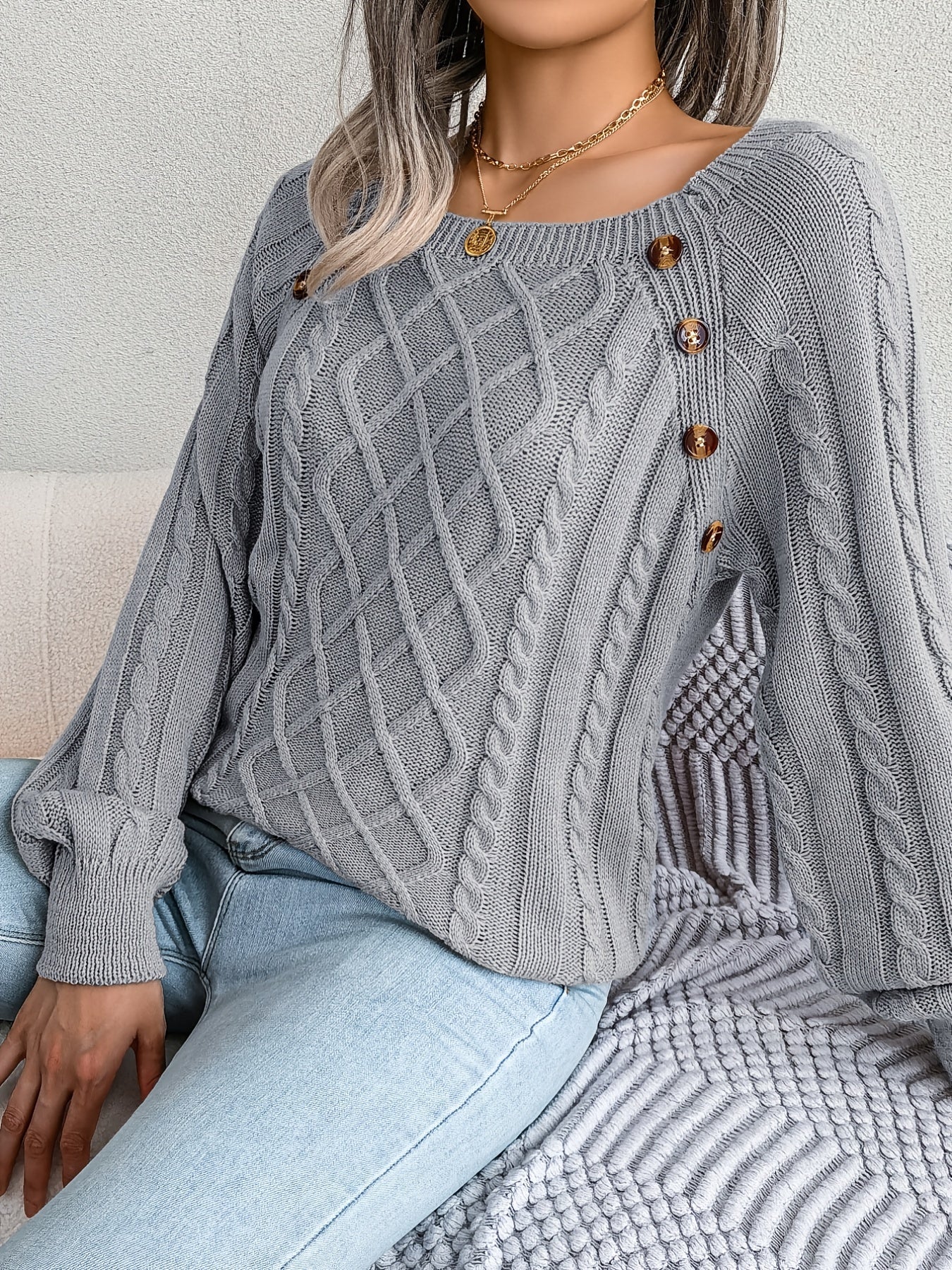 Autumn/Winter European and American Casual Solid Color Square Neck Button Twist Long Sleeve Pullover Sweater