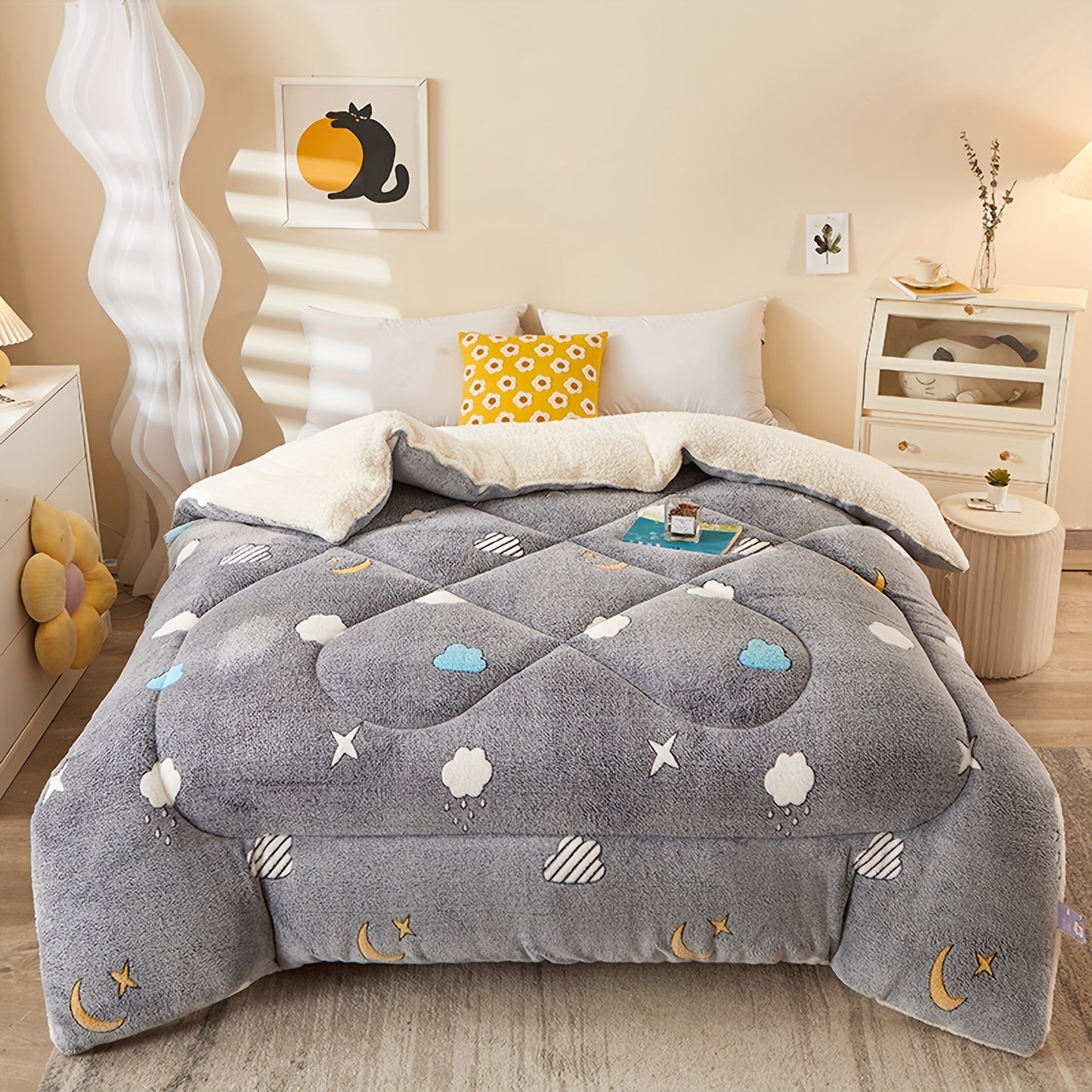 1pc Soft Warm Flower Fleece Printed Winter Polyester Comforter, Autumn And Winter Bedding Suitable For Bedroom, Guest Room