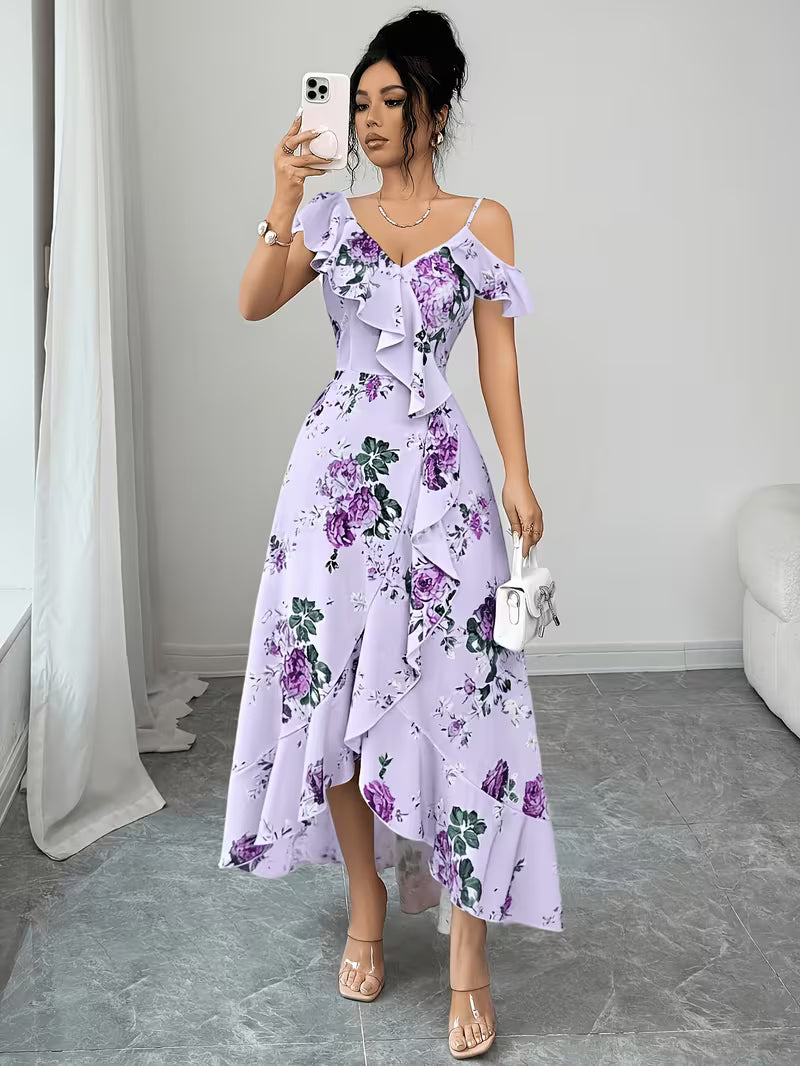 Rose Print Cami Off-Shoulder Ruffled Style Long Dress