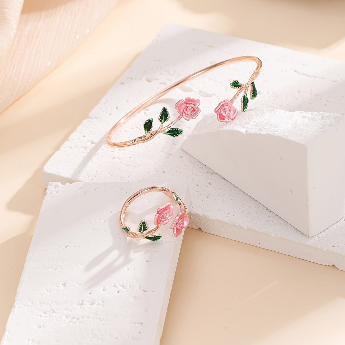 Elegant Rose Flower Design Bangle Ring Set Women's Floral Design Jewelry Gift Accessories