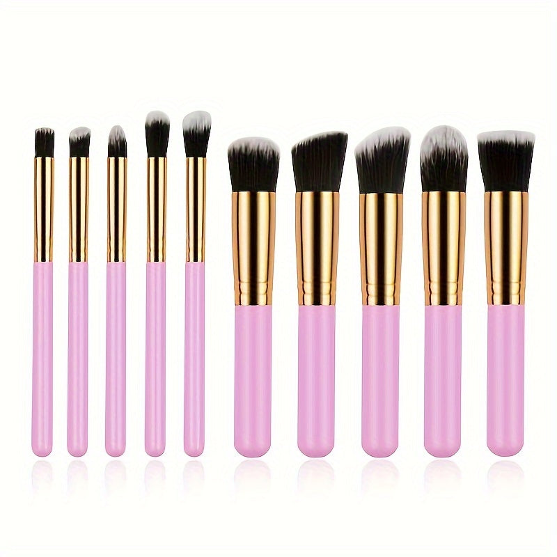10Pcs Makeup Brushes Set, EyeShadow Blusher Face Powder Foundation Comestic Brush, Pink And Golden Handle