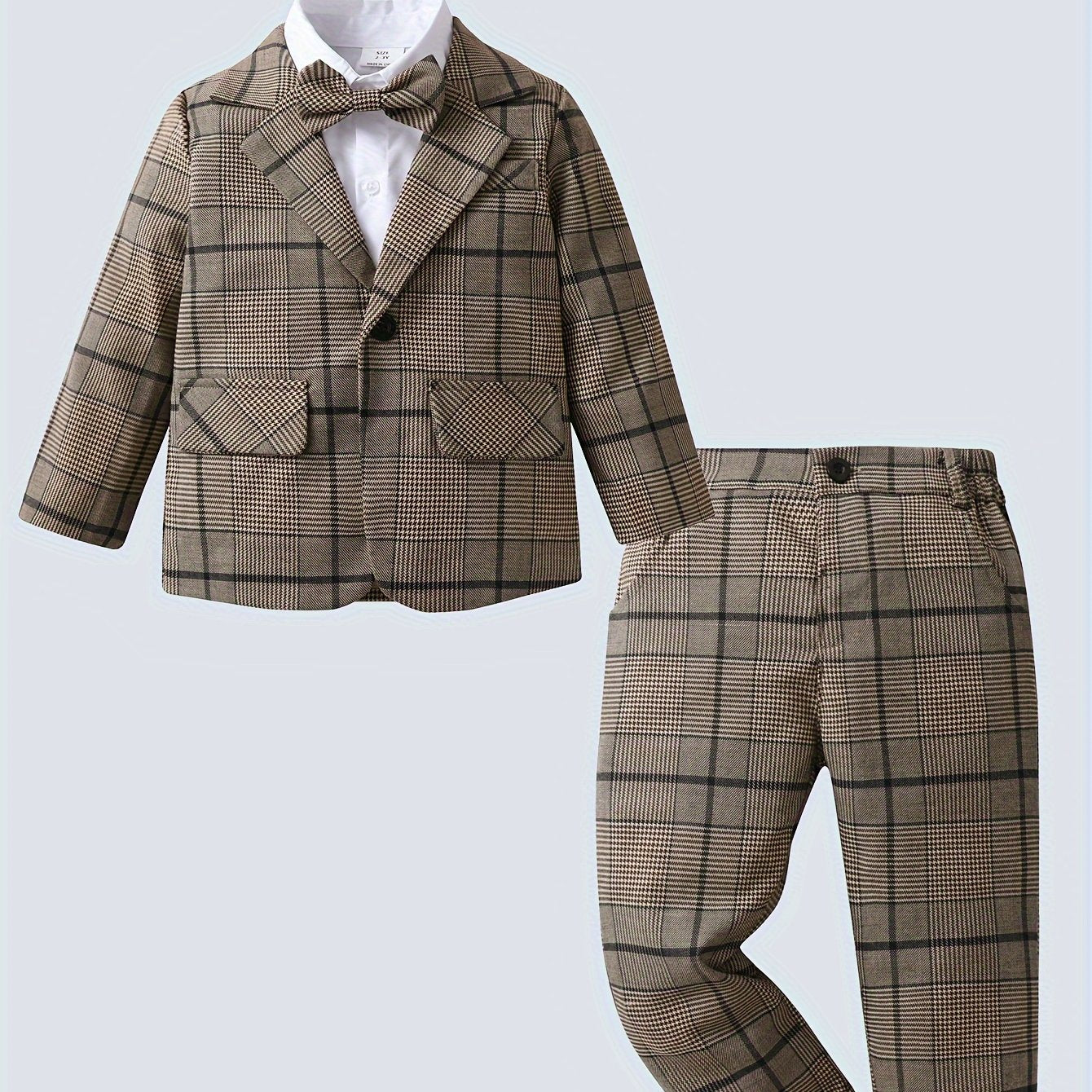 Baby Boy Fashion Gentleman Style Casual 3pcs/Set, Bow Tie Dress Shirt & Long Sleeve Plaid Coat & Plaid Pants Set, Outdoor Cloth