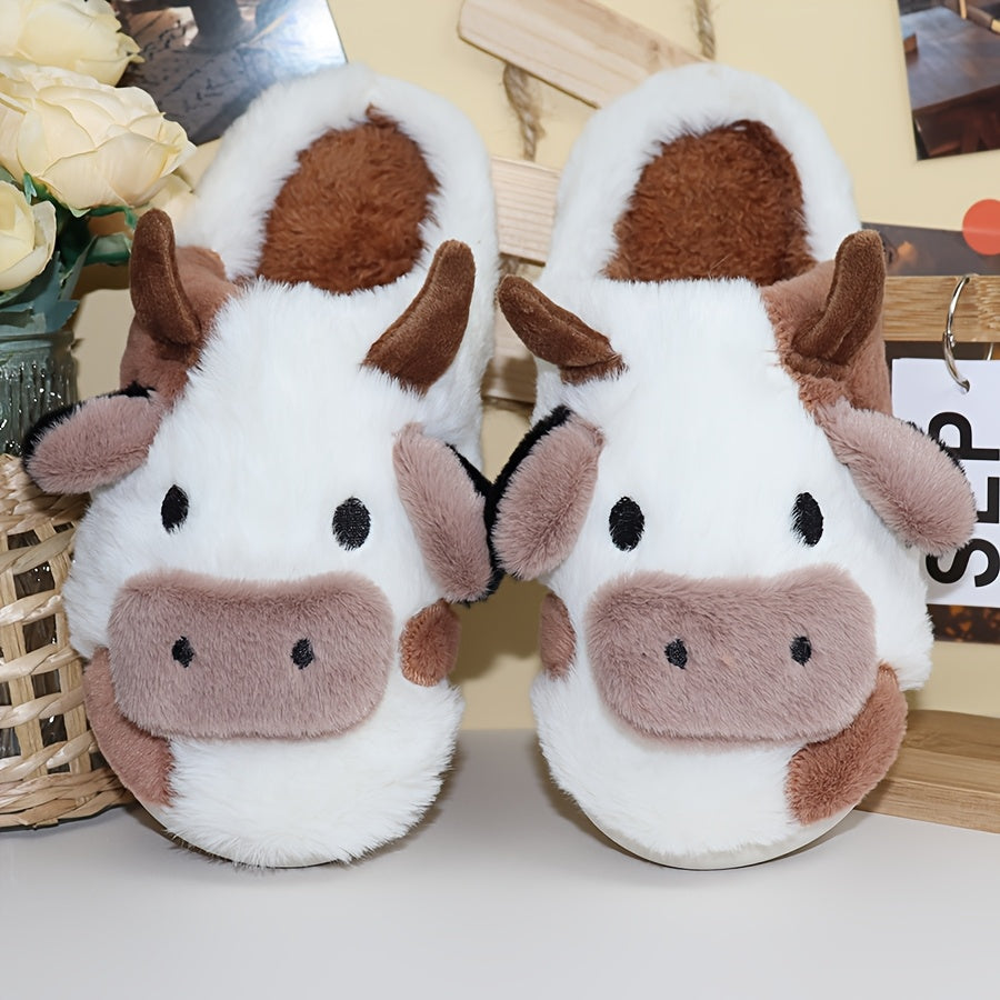 Cute Milk Cow Slippers | Women and Men Fuzzy Slippers, 2022 Winter Plush Platform Slides, Indoor Kawaii Shoes, Cartoon Style, Fabric Upper and Insole, TPU Sole
