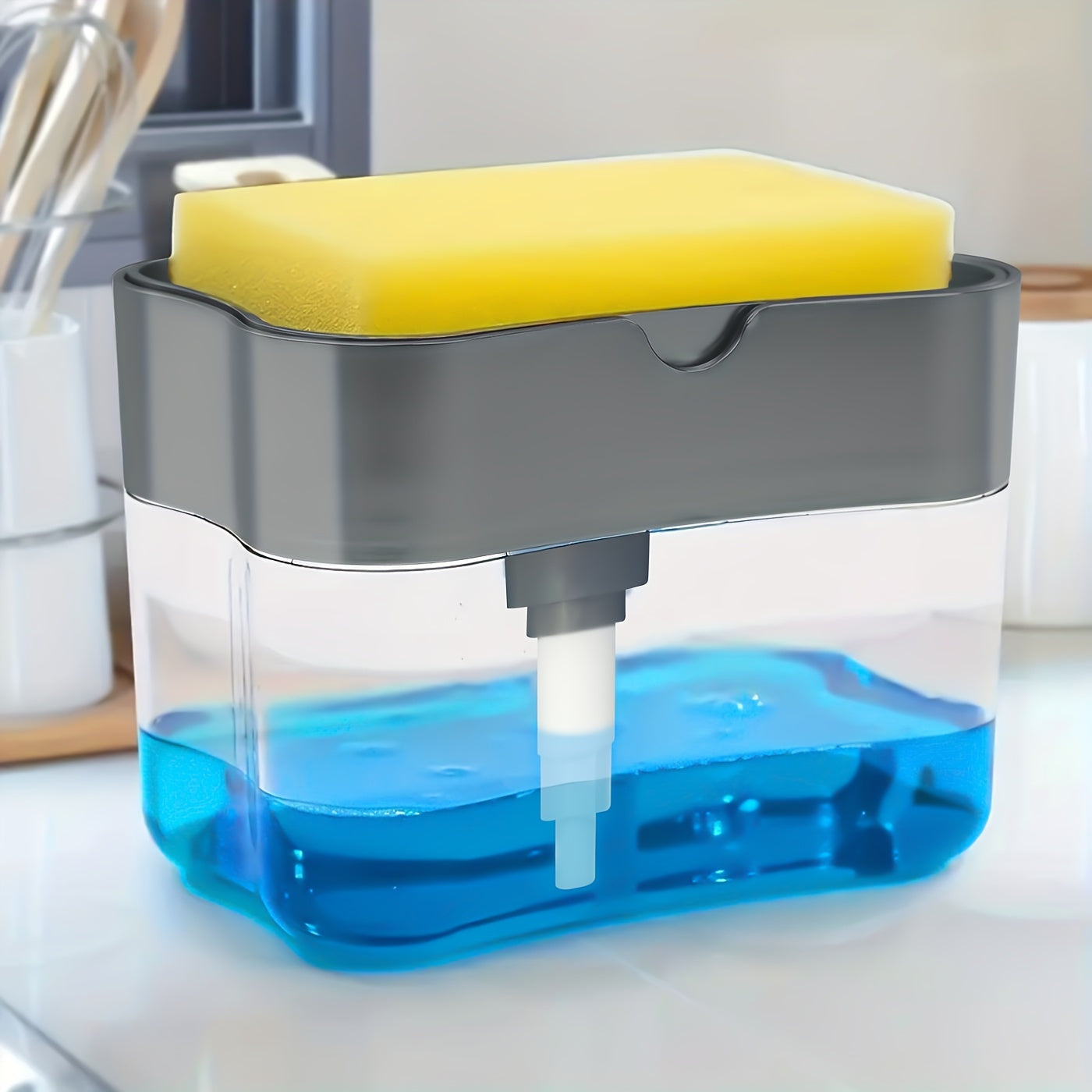 Modern Plastic Dish Soap Dispenser with Sponge Holder, Lightweight Square Kitchen Sink Accessory, Space-Themed Solid Colour Design, Hand Wash Only