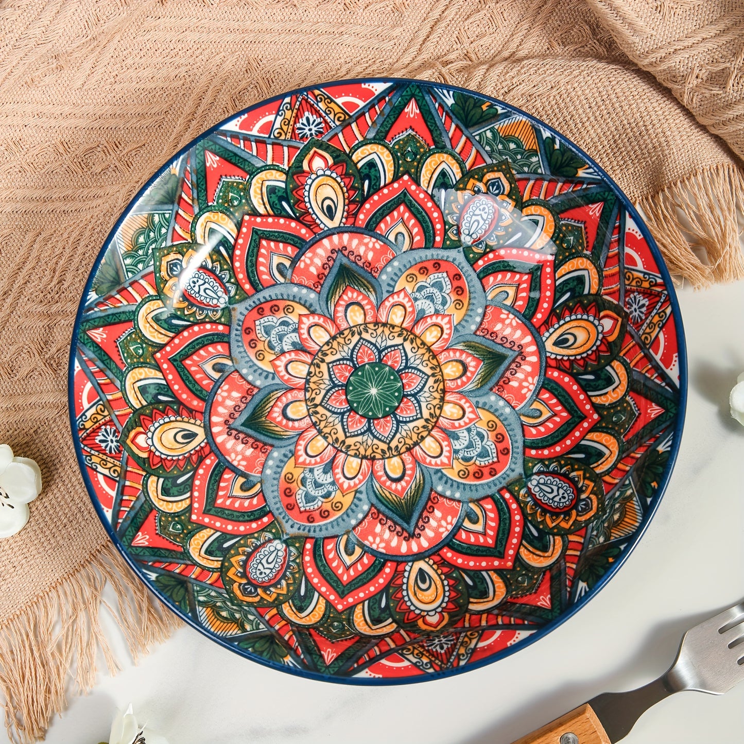 Bohemian Style Flower Themed Ceramic Dinner Plates Set of 2.54 - 20.32 cm Round Decorative All-Season Dishware for Steak, Pasta, Breakfast - Microwave Safe Ceramic Tableware for Restaurant and Home Use