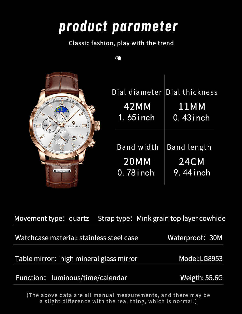 LIGE Men'S Quartz Watch | Vintage Style | Multi-Functional Chronograph | 30m | Calendar & Moon Phase | High-Quality Strap | Zinc Alloy Case, Electronic Drive | Non-rechargeable Button Battery | Luxury Business Watch, Business