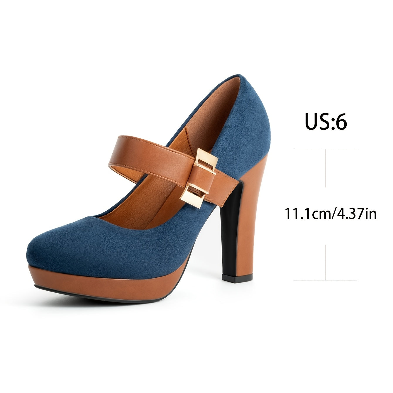 Women's Retro Style Round Toe High Heeled Pumps, Buckle Platform Block Heel Shoes, Women's Footwear