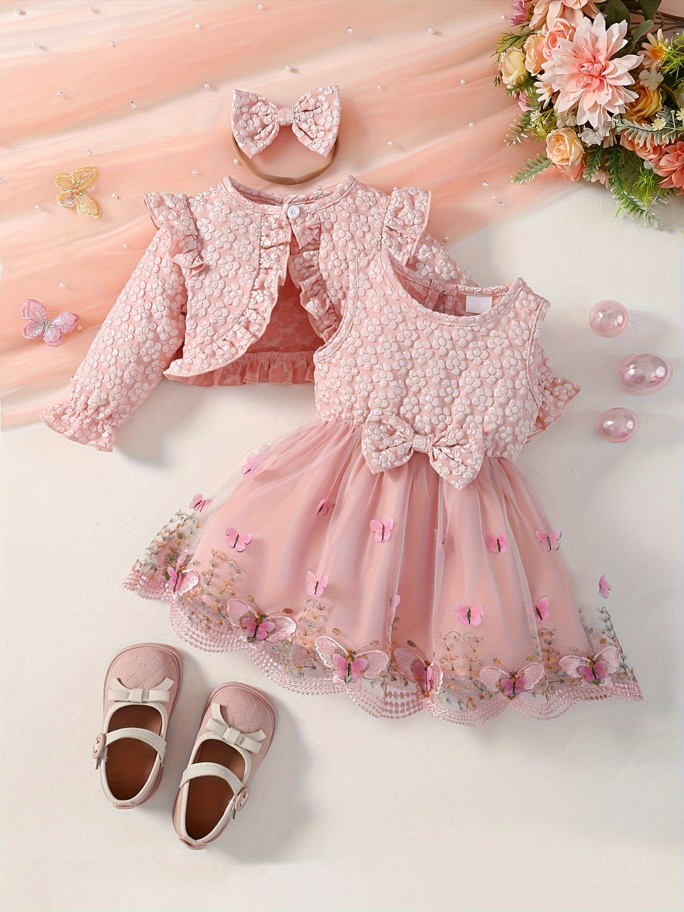 3pcs Set for Baby Girls Featuring a New Spring And Autumn Design with 3D Butterfly Embroidery, a Mesh Dress, a Short Outer Top with Ruffled Textured Sleeves, And a Bow Headband, for Outdoor