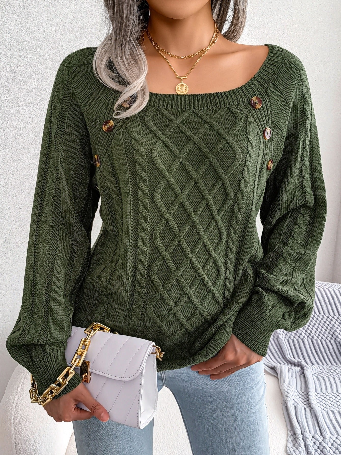 Autumn/Winter European and American Casual Solid Color Square Neck Button Twist Long Sleeve Pullover Sweater