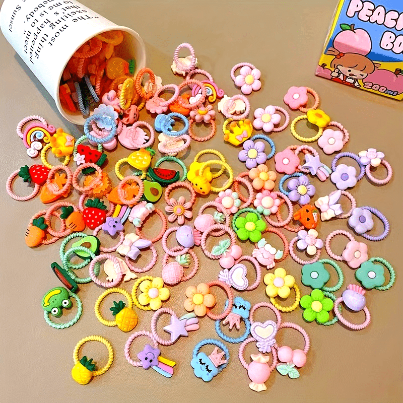 [60pcs Hair Ties] 60pcs Hair Ties, Cartoon Animals Flowers Fruits Decor Hair Bands | Baby Girls Decorative Hair Accessories Set Holiday Gift
