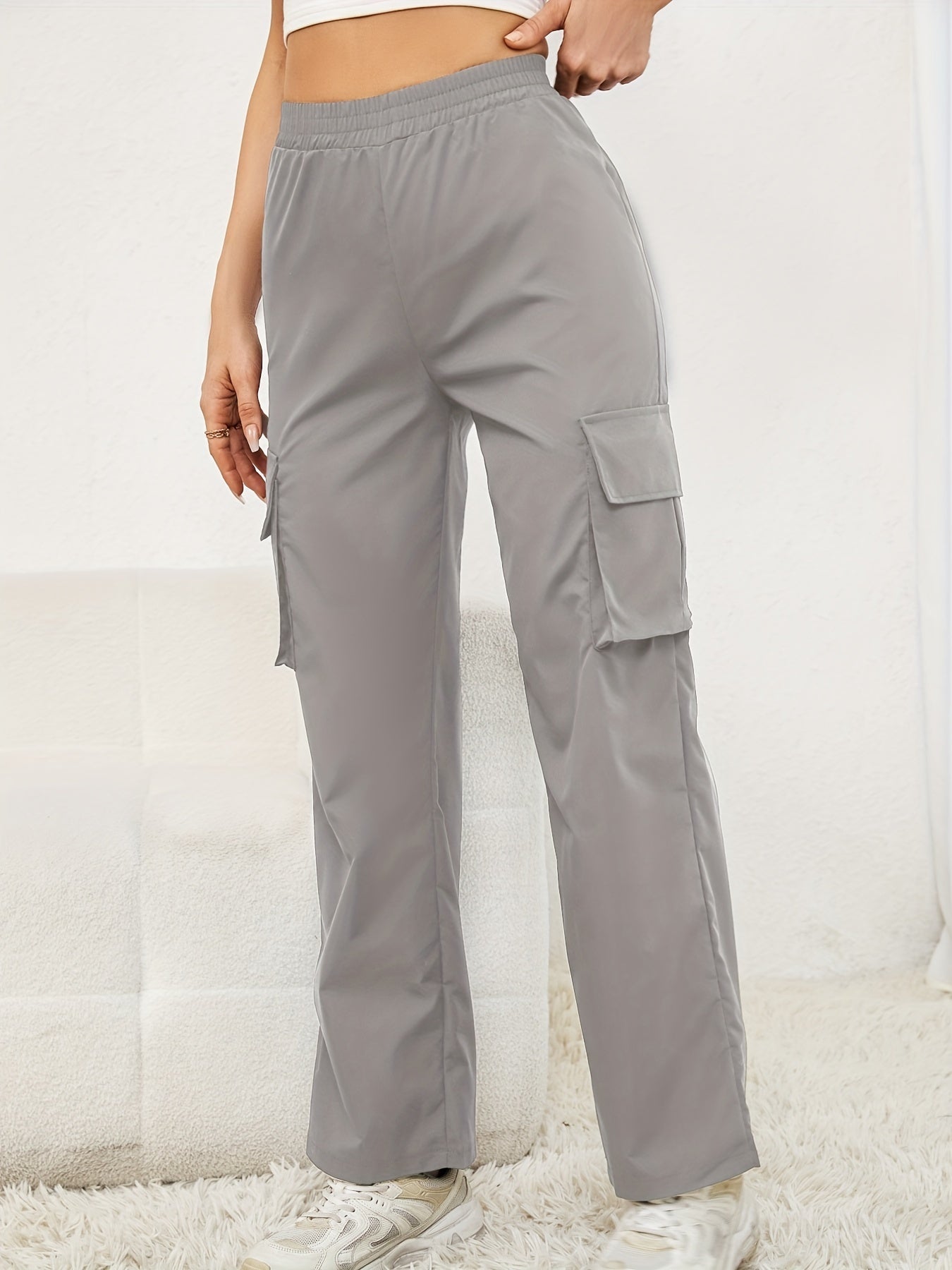 Solid Color Flap Pockets Straight Legs Trouser, High Waist Casual Wide Legs Cargo Pants, Women's Sweatpants