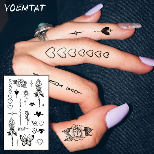 Finger Tattoo Waterproof Temporary Tattoo Sticker Rose Flower Flame Thorn Love Arrow Butterfly Cute Text Totem Body Art Arm Fake Tattoos for Women Men Neck Wrist