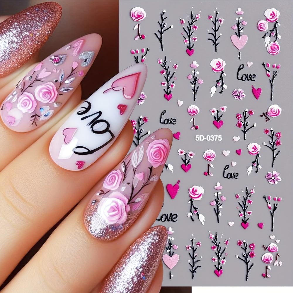 3pcs/set Nail Art Stickers, 5D Embossed Flower Love Pattern Daisy Self-adhesive Nail Stickers, DIY Nail Art Decorations,Durable Nail Decals for Hands & Feet,Nail Art Supplies for Women and