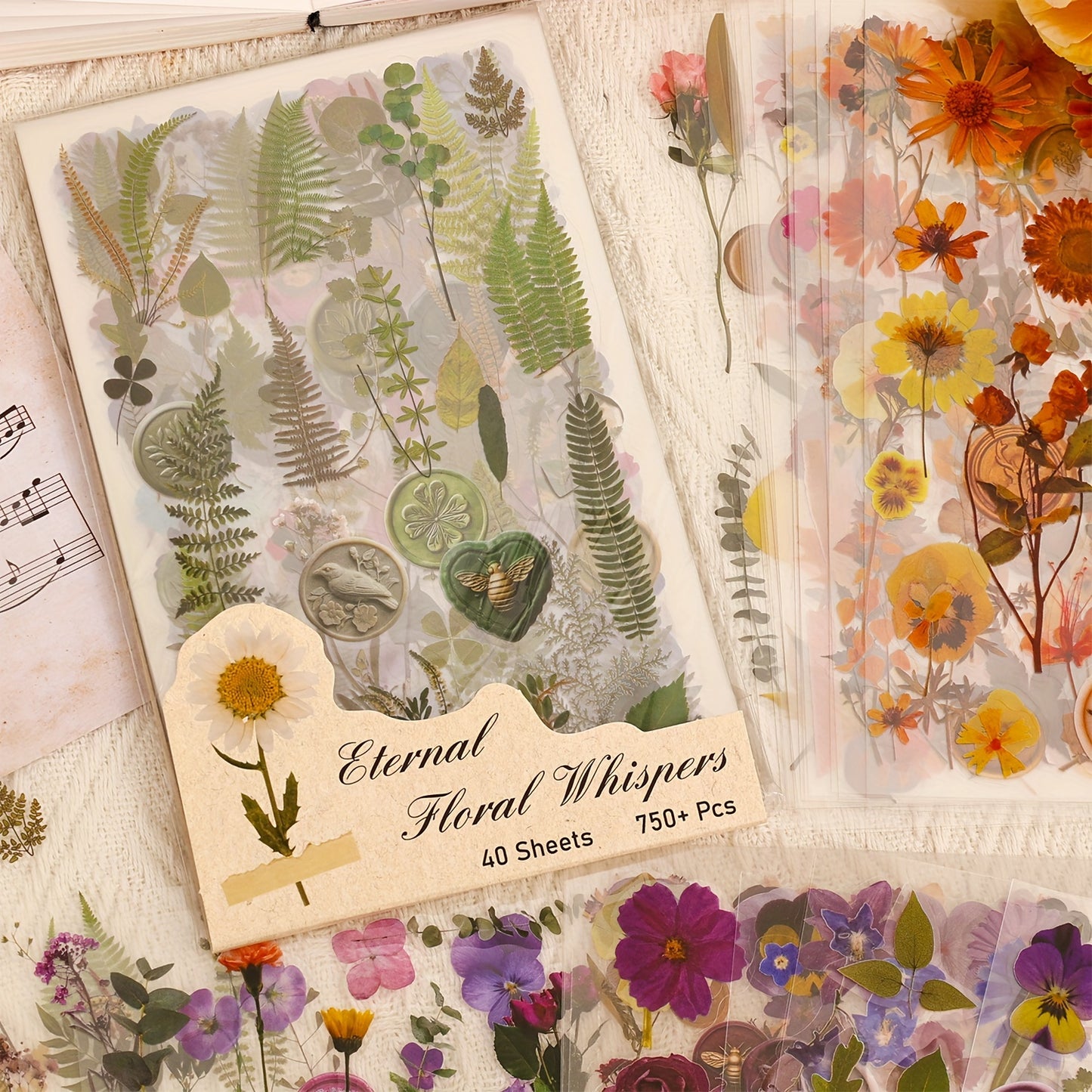 750pcs (40 Sheets) PET Resin Flower Stickers Kit - Watercolor Rub-On Resin Botanical Decals, Irregular Shapes with Roses, Daisies, Lavender, Tulips, Lilies for Scrapbooking, Junk Journals, Planners, Plasticky-like Layering