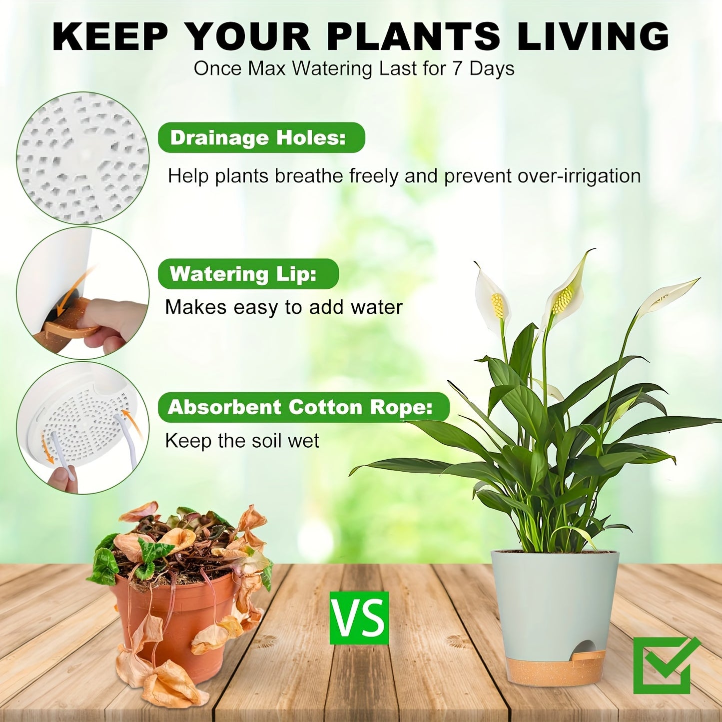 5pcs Plant Pots 7/6.5/6/5.5/5 Inch Self Watering Planters With Drainage Hole, Plastic Flower Pots, Nursery Planting Pot For All House Plants, Succulents, Snake Plant, African Violet, Flowers
