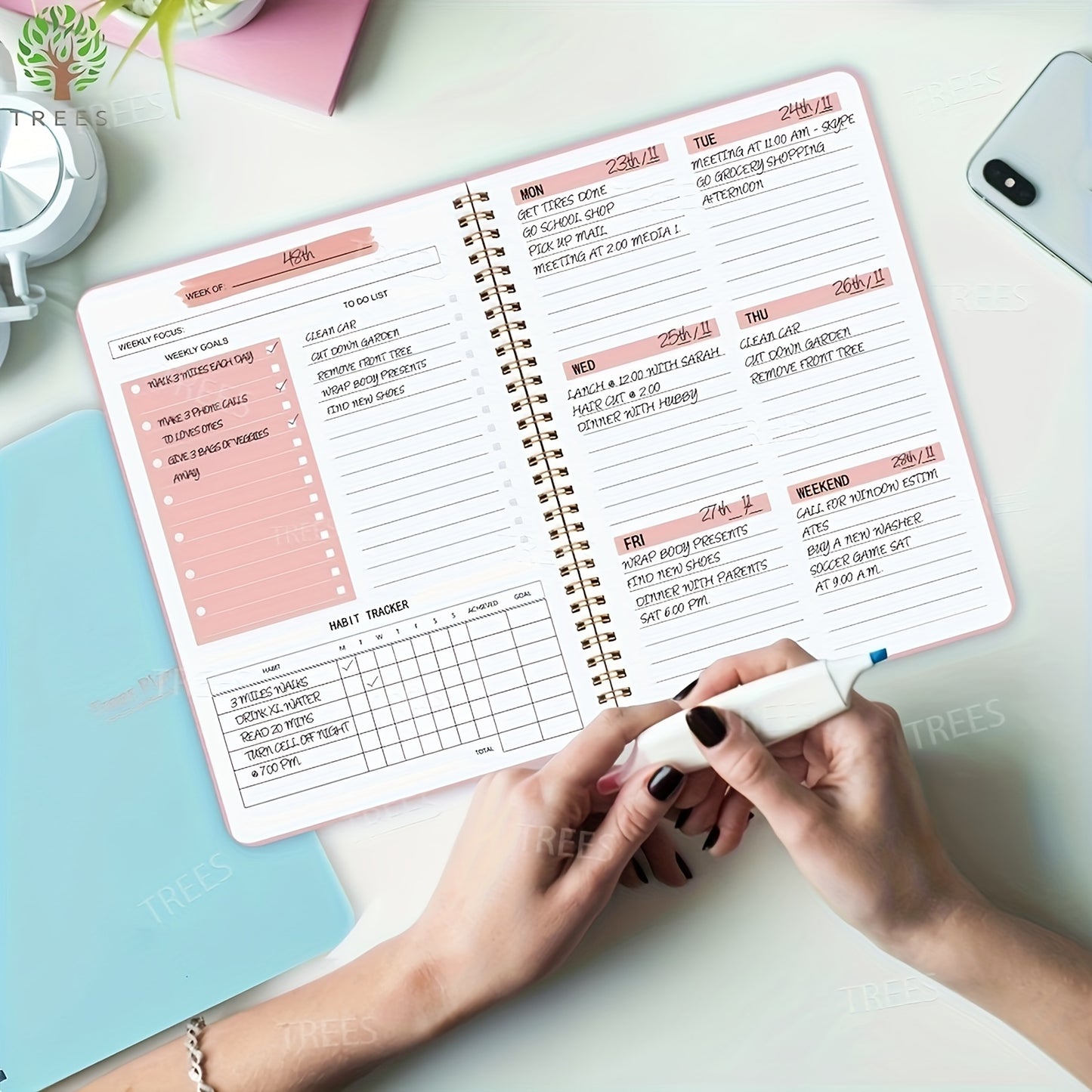 1pc Trees Undated A5 Daily Weekly Notebook Planner | Spiral Bound, 52 Sheets, 21.08*13.97 cm, Pvc Cover, English Language, Ideal For Office And School Use