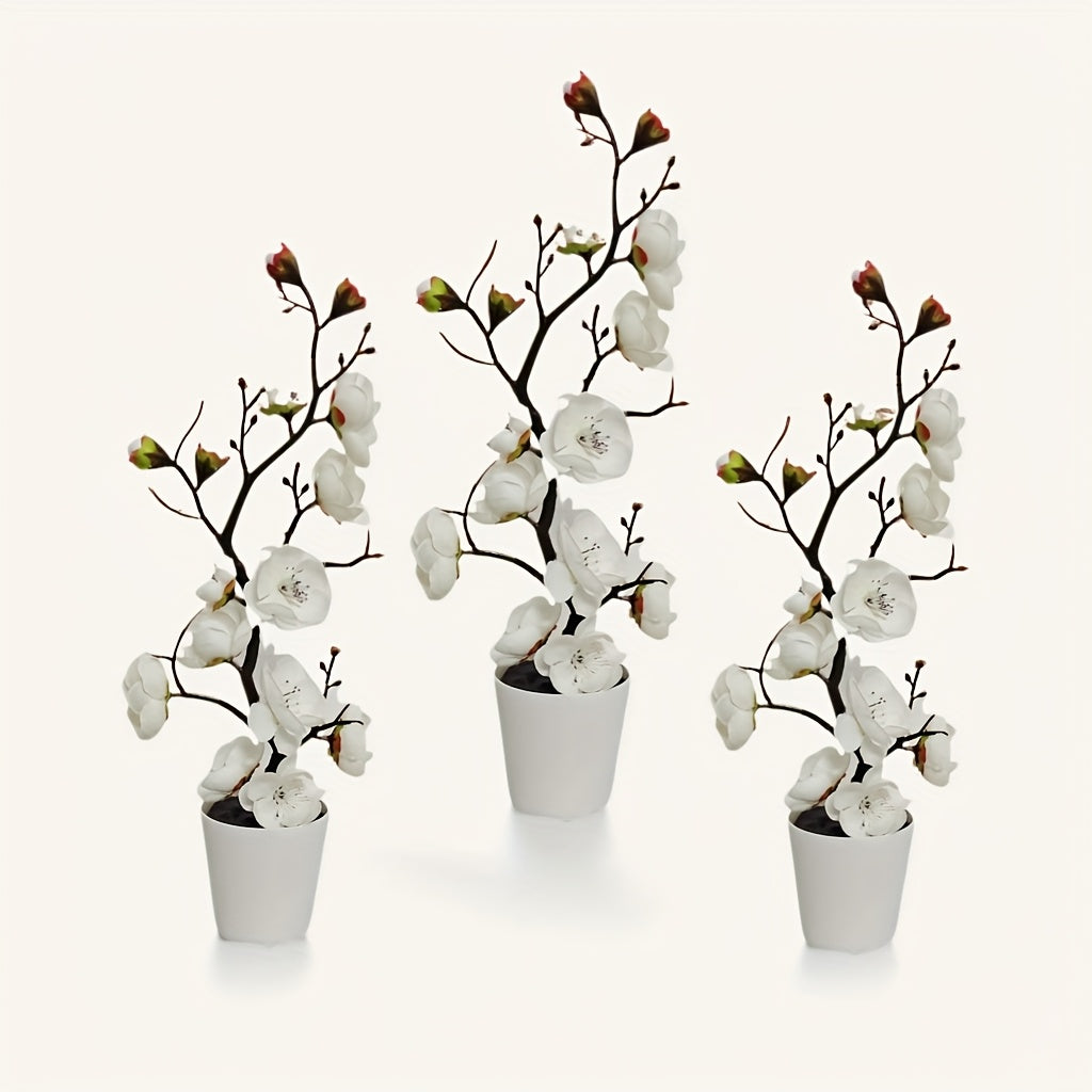 3pcs Elegant Artificial Plum Blossom Set with Vase - Faux Greenery, Simulated Potted Plant, Home Decor and Tabletop Filler, Perfect for Weddings, Festivals, Valentine's Day, Office, DIY Decorations, All-Season Artificial