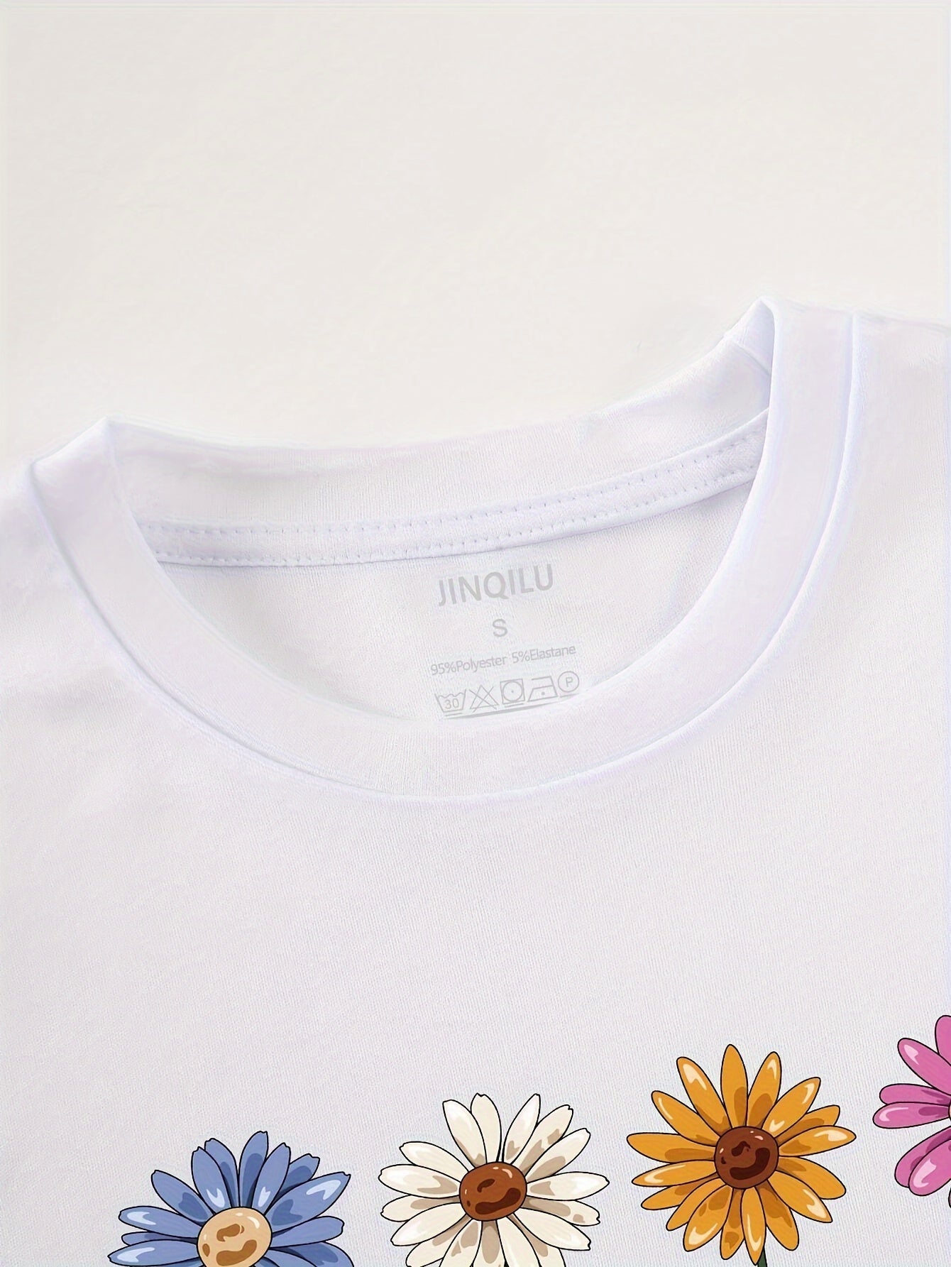 Cute Flower & Letter Print Casual T-shirt, Crew Neck Short Sleeve Top For Spring & Summer, Women's Clothing