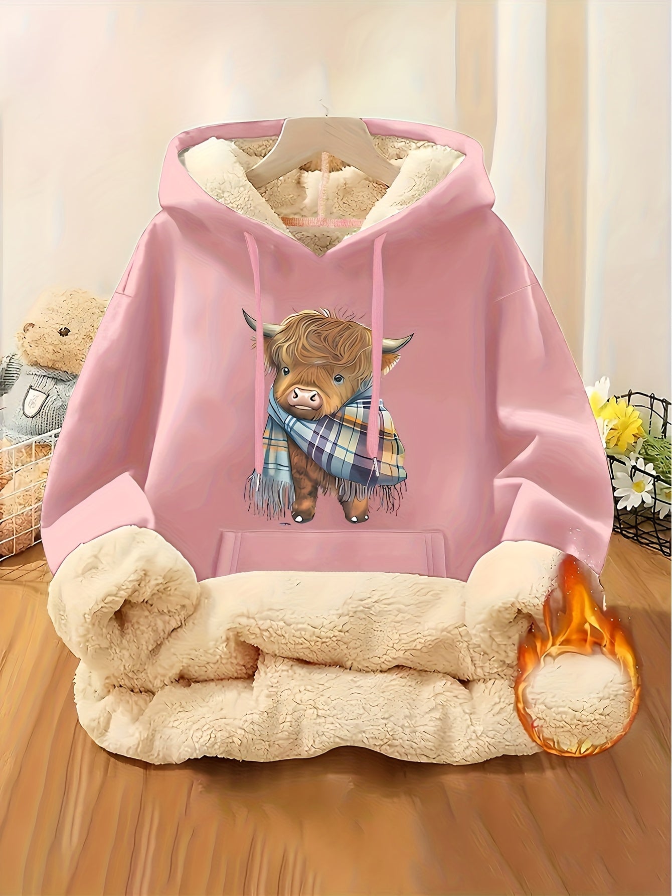 Women's Highland Cow Print Fleece Hooded Sweater - Thickened Winter Warmth, Cozy Plush Lining, Casual Retro Pullover with Pocket, Pink Scottish Cow Design, Sizes XS-XXL (Machine Washable) for Spring, Fall & Winter Layering