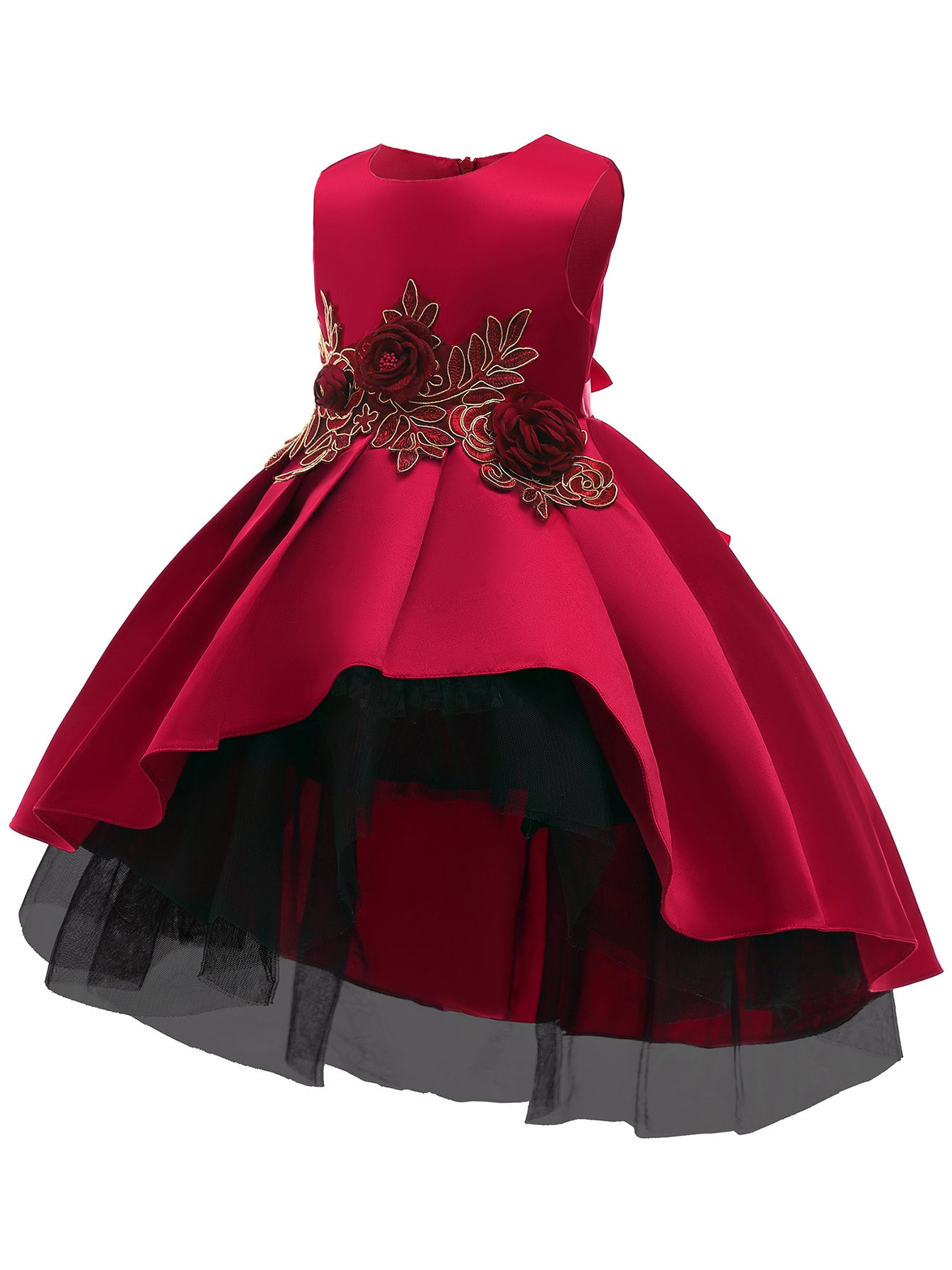 Elegant Red Embroidered Mesh Princess Dress for Girls 4-12 - Perfect for Piano Performances & Flower Girl Duties, Knee-Length with Umbrella Hem