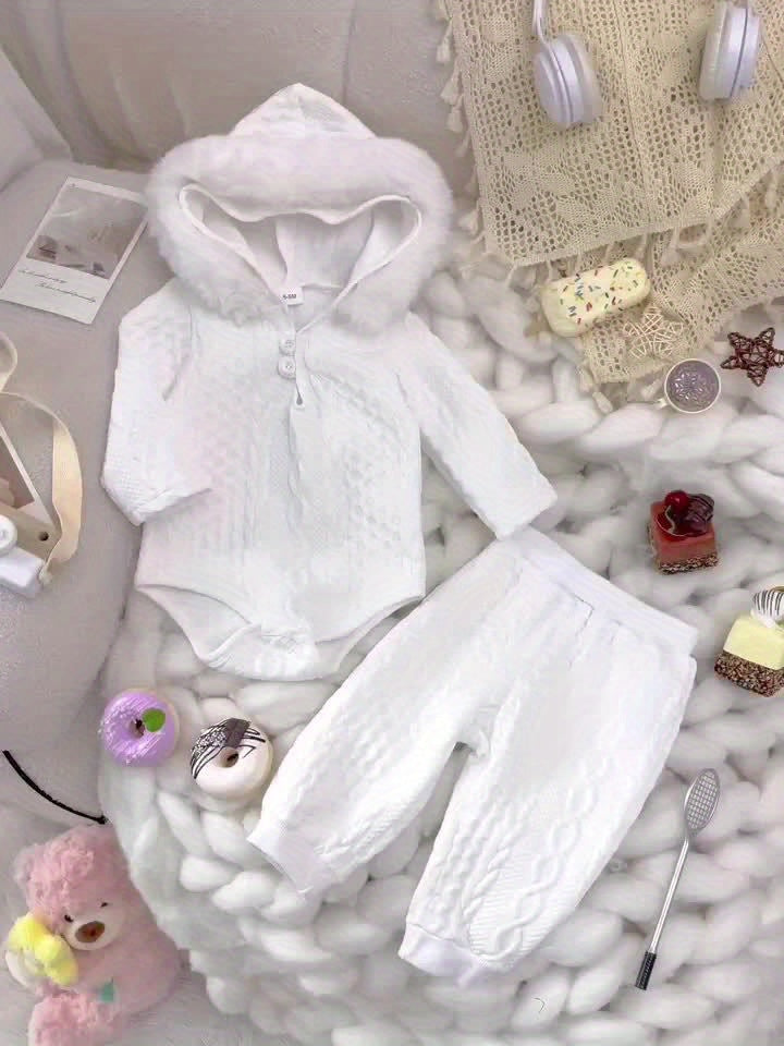 Baby Winter Clothing Set, Baby Girl Hooded Long-Sleeved Jumpsuit + Long Pants Two-Piece Set, for Outdoor