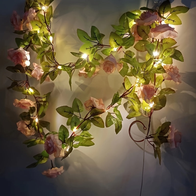20 LED Champagne Rose Garland String Lights, 2m Floral Vine with Switch Control, Battery Powered, Plastic, Christmas Decorative Flower Theme, No Battery Included