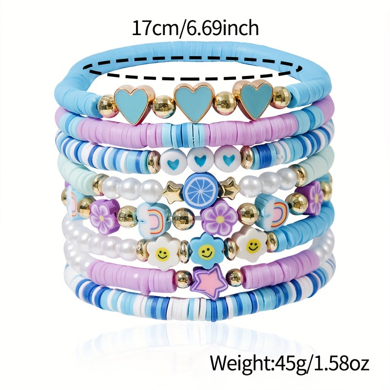 [Sweet Cute Bracelet Set] 8pcs Sweet Cute Pink Soft Clay Bracelet Set | Dragon Fruit Flower Heart Element for Women - Perfect for Valentine's Day and Music Festivals
