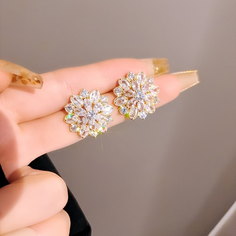 Luxurious Flower Earrings - A Pair With Shiny Synthetic Zirconia Inlaid - Suitable For Ladies' Wedding Parties, Jewelry, And Valentine's Day Gifts