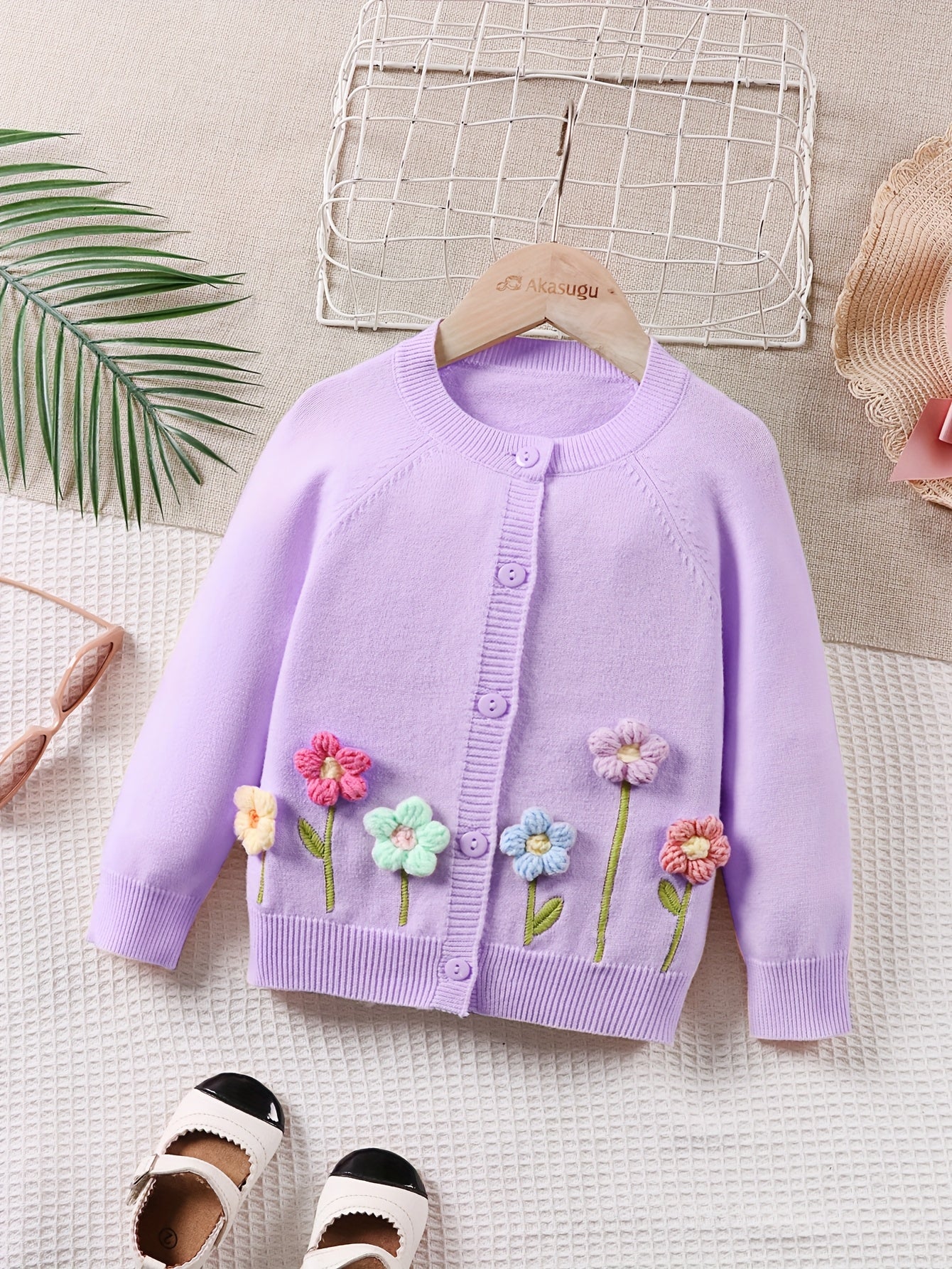 Girls' Beige Cardigan Sweater with Collar & Flower Patches - Sweet Smock Dress Style Jacket, Soft Button-Front Closure for, Parties, - Cozy Fall Winter Outerwear (Pink/Yellow/Blue/Purple) - No-Sew Applique Design