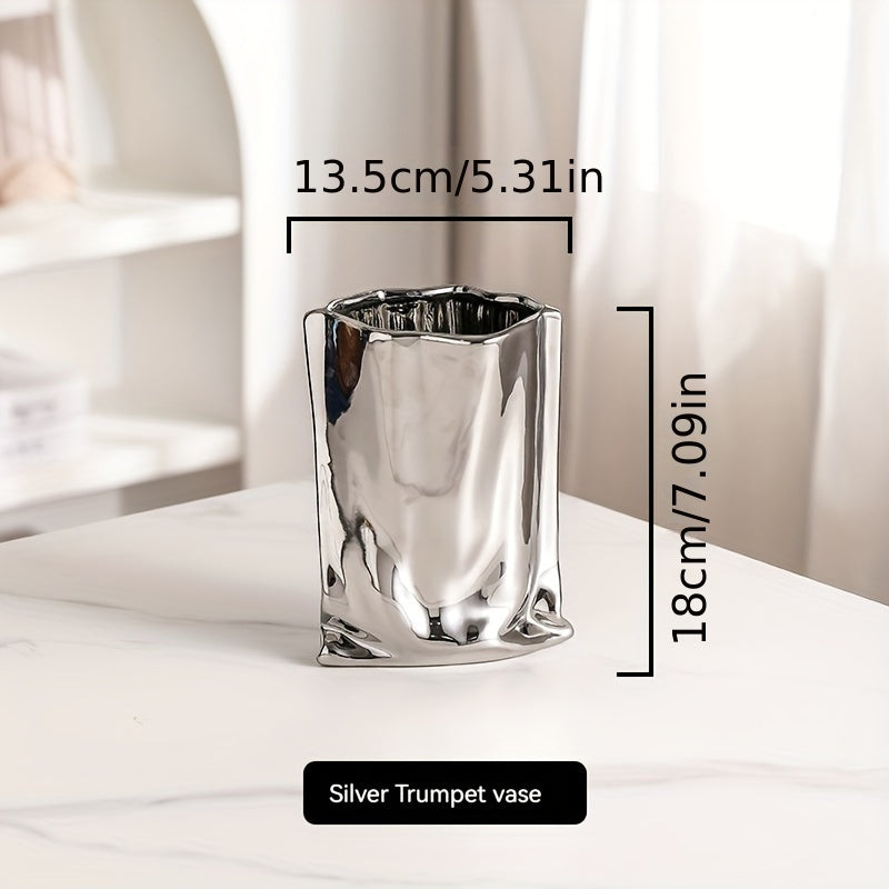 1pc Vase, High-End Light Luxury Decoration, Creative Electroplated and Silvery Ceramic Vase, Artificial Flower Decor