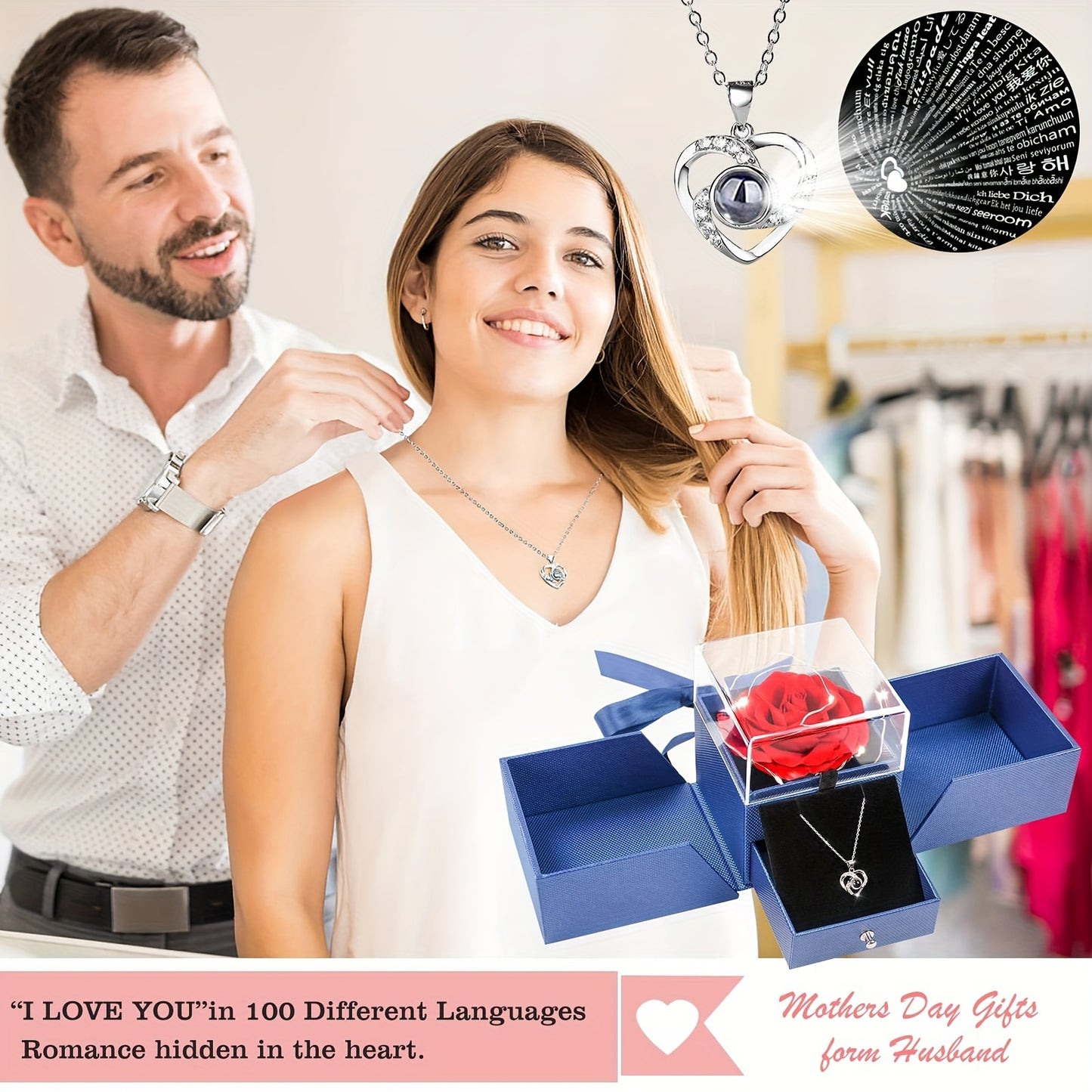 Preserved Rose Gifts for Mom Her Girlfriend Women with I Love You Necklace in 100 Languages, Mothers Day Gifts for Mom from Daughter Son on Birthday Anniversary Christmas