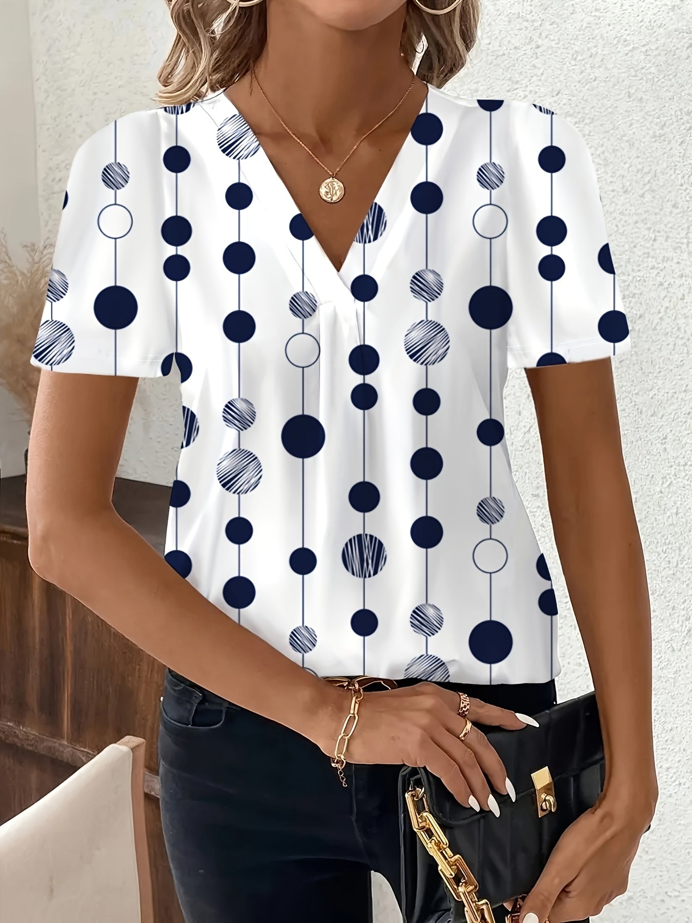 New Spring and Summer Fashionable Elegant Women's Shirt with Geometric Flower Pattern, Chest Pleats and V-Neck Short Sleeves