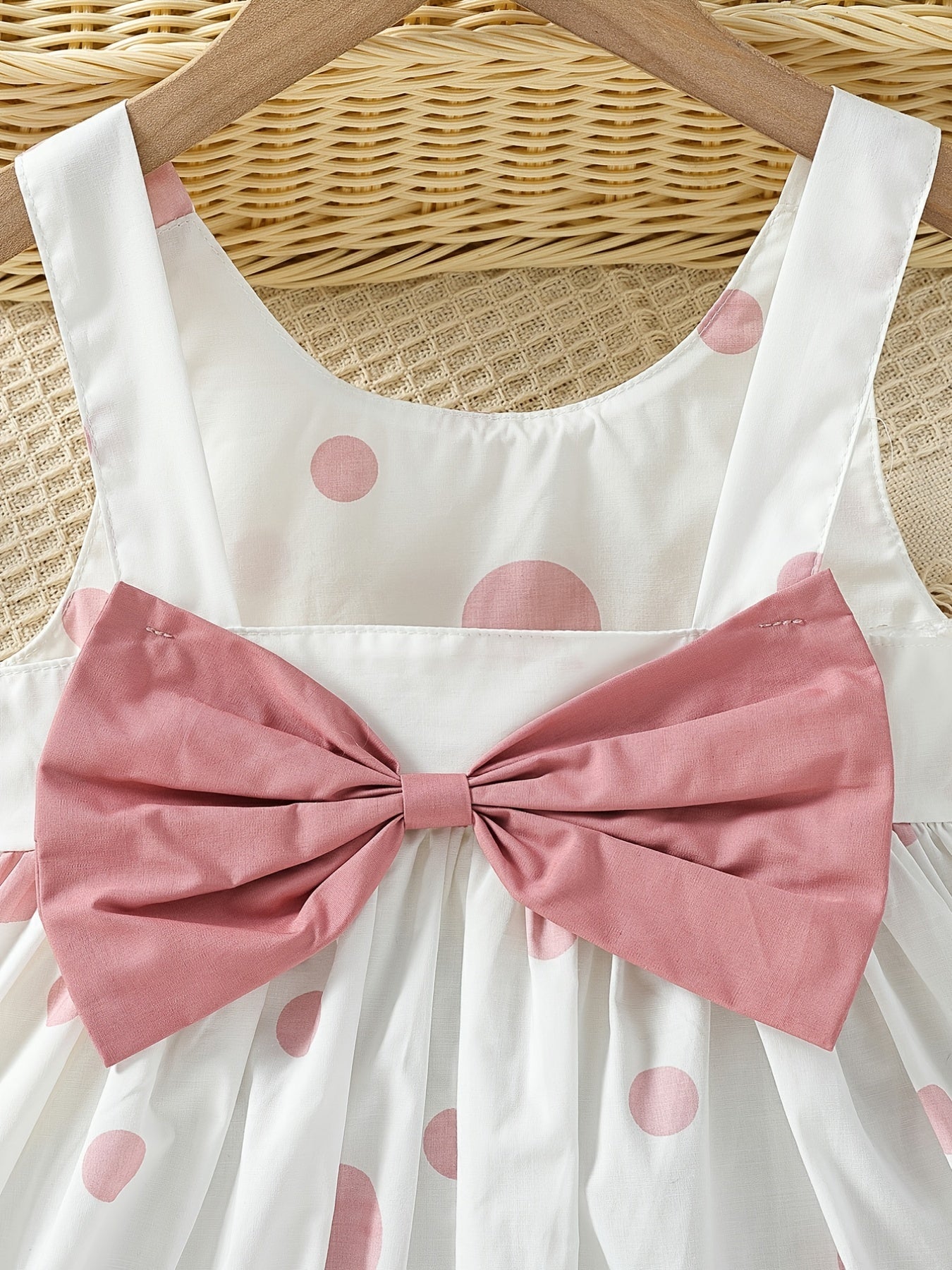 Girls' White Spaghetti Strap Dress with Red Polka Dots And Bow Decoration, a Cute Summer Outfit