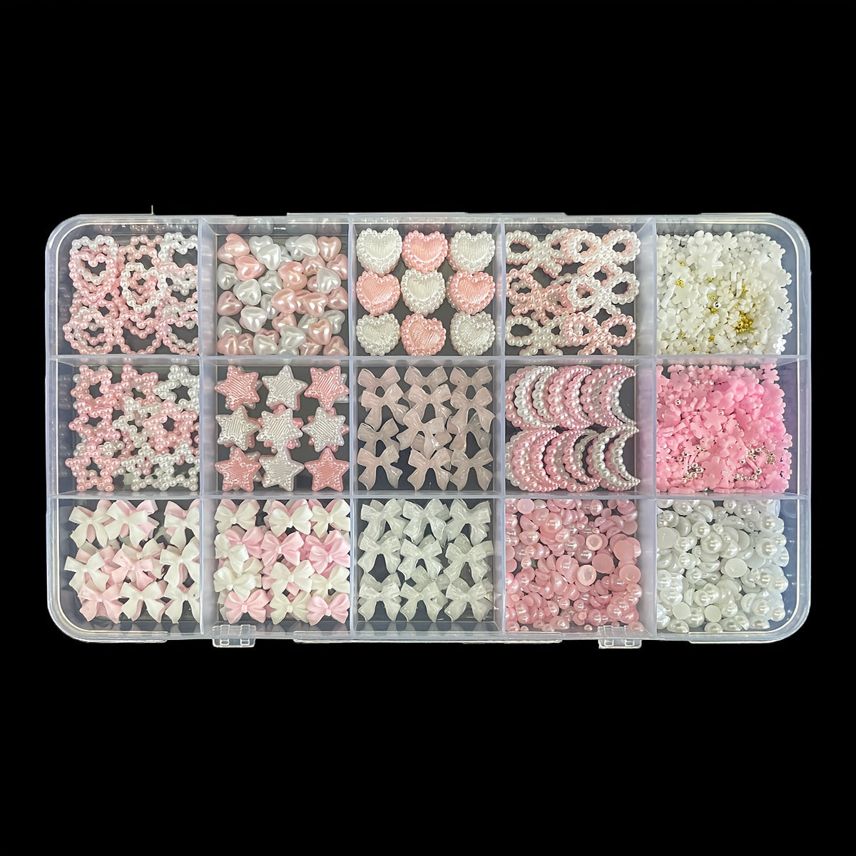 [Cute Nail Jewels] 3D Cute Nail Jewels Set 3 - White&Pink Nail Bows + Assorted Pearl Heart Star Moon Bowknot + 3D Flower Charms and Nail Pearls