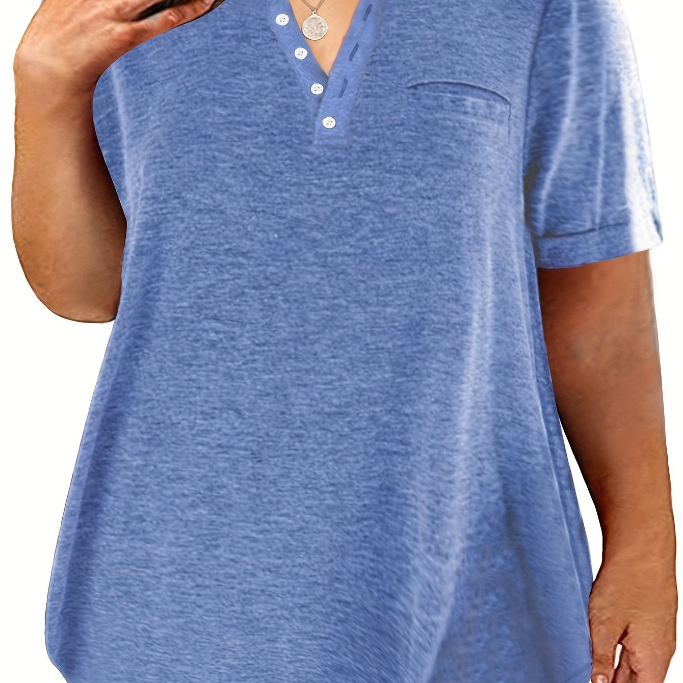 Plus Size Button Front Short Sleeve T-shirt, Women's Plus Slight Stretch Casual Tee